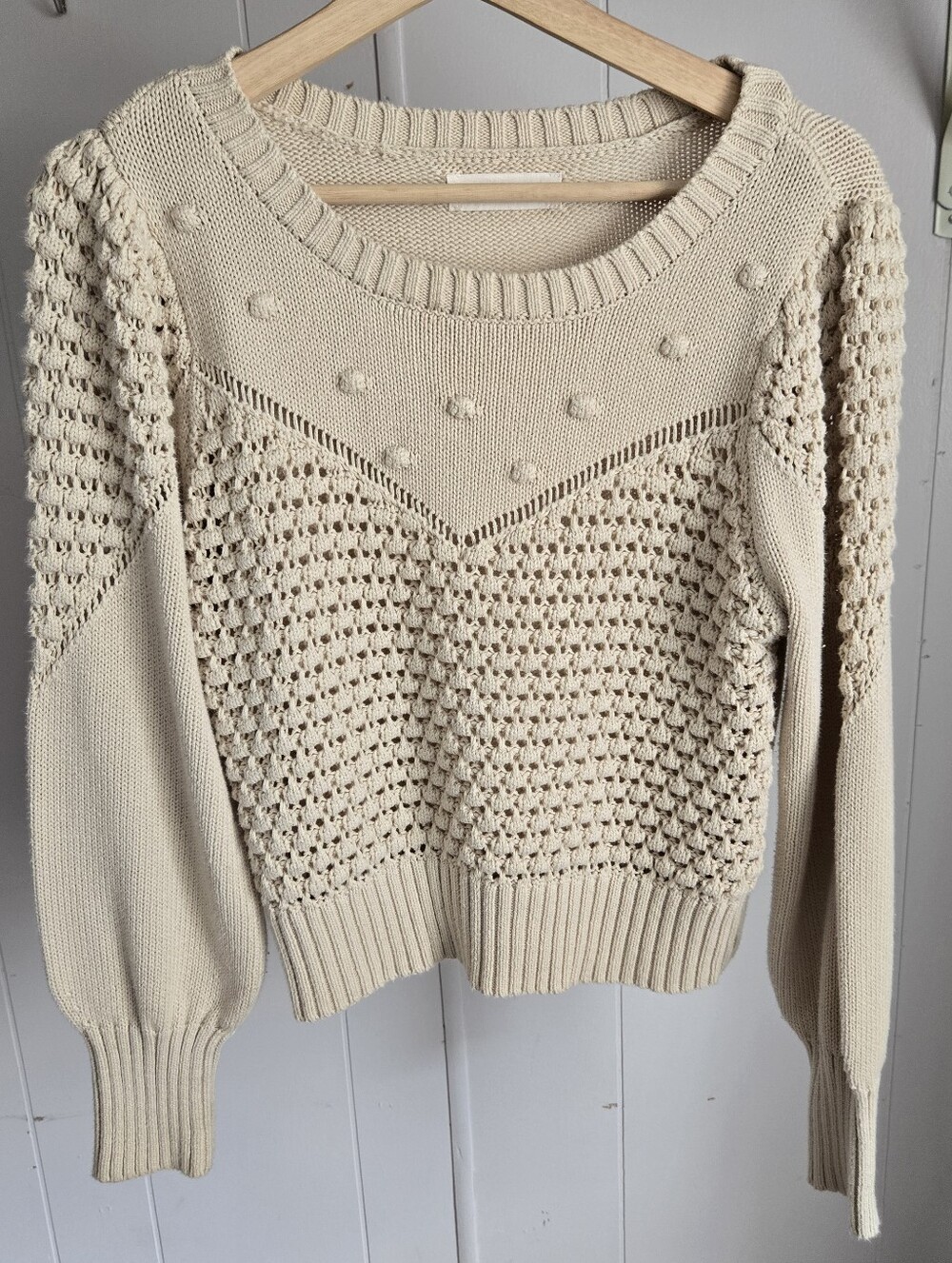 Lucky Brand Cream Textured Openwork Crewneck Sweater